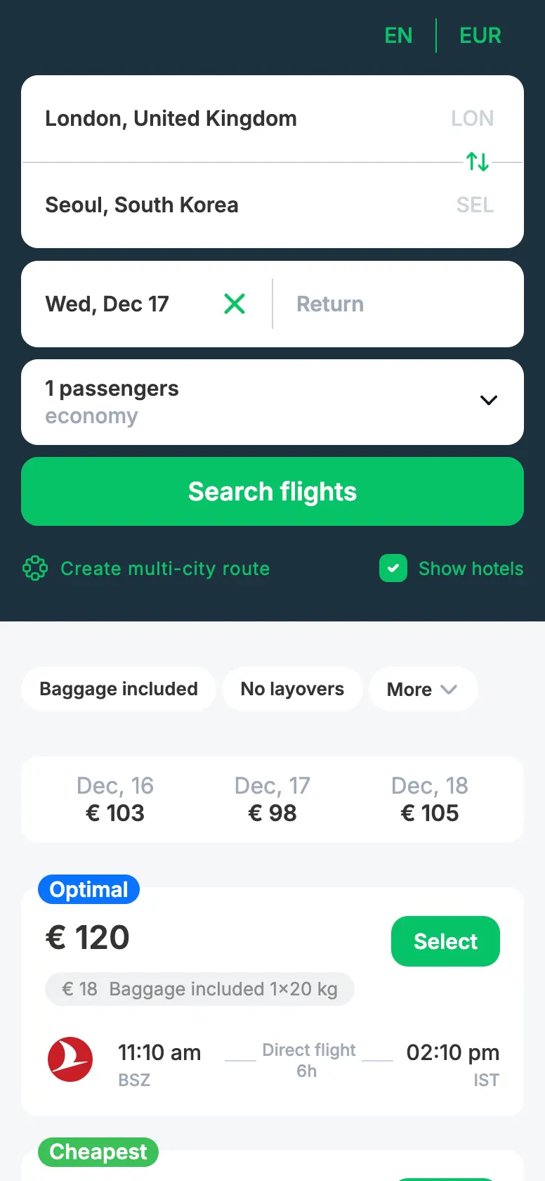 Flight booking interface